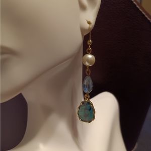 Aqua Blue Cobochon & Pearl Dangle Earrings